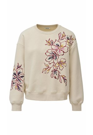Sudadera beige con puños y dobladillo acanalados, que presenta diseños florales bordados multicolores en el pecho y la manga izquierda.
