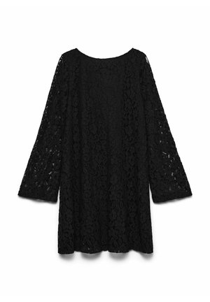 Black lace dress with long bell sleeves, a round neckline, and floral patterns. Lightweight and slightly sheer fabric.