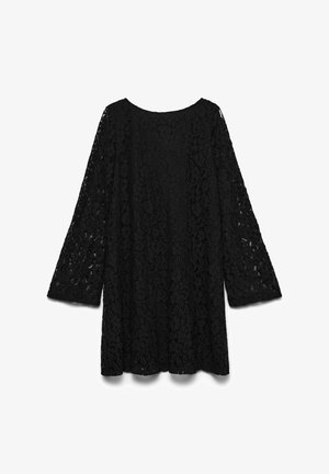 Mustast pitsist kleit pikkade kellukesevarrukatega, ümar kaelus ja lillemustrid. Kerge ja veidi läbipaistev kangas.