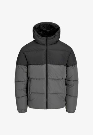 Kurtka puchowa w kolorze czarnym i ciemnoszarym. Posiada zamek z przodu, kaptur oraz pikowaną teksturę z jednolitymi blokami kolorów.