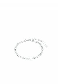Braccialetto in argento con anelli intrecciati, superficie liscia e chiusura con un piccolo tag inciso.