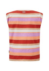 Gestreepte short-sleeve top met opvallende kleuren zoals rood, oranje, paars en crème. Zacht materiaal met een relaxte pasvorm en ronde halslijn.