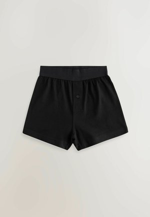 Şorturi negre din bumbac cu talie elastică, un singur nasture frontal și o croială confortabilă. Textură netedă cu un design simplu, uniform.