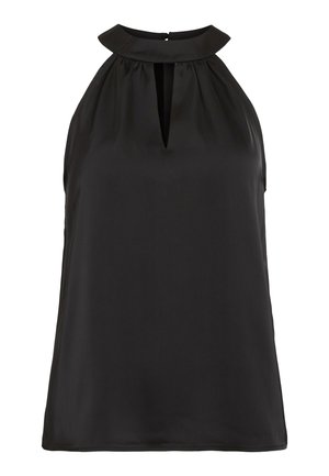 Mustast kangast varrukateta topp kõrge kraega, millel on võtmeauguga avaus, tehtud siledast materjalist, lõdva istuvusega ja ilma nähtavate mustriteta.