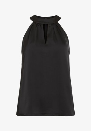 Black sleeveless top featuring a high collar with a keyhole opening, made from smooth fabric, with a relaxed fit and no visible patterns.