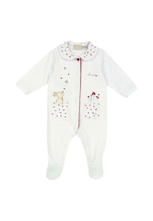 Tutina bianca per bebè con maniche lunghe, piedini, bottone a forma di cuore, coniglietto ricamato, fiori, farfalle e colletto smerlato con puntini rossi.