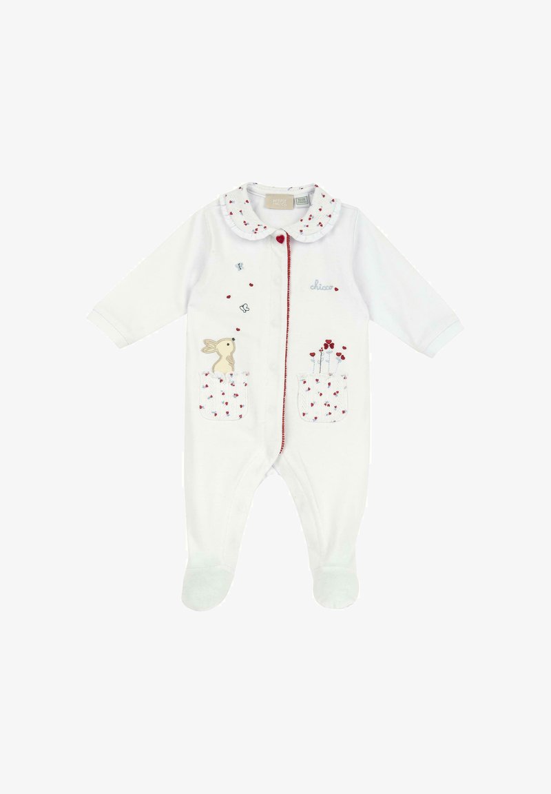Grenouillère blanche pour bébé à manches longues, avec pieds intégrés, bouton en forme de cœur, broderie de lapin, fleurs, papillons, et un col festonné avec des pois rouges.