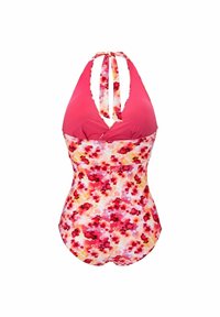 En helkroppssimdräkt med ett blommönster i röda och rosa nyanser, med en enfärgad rosa halterneck-topp och en draperad design vid midjan.