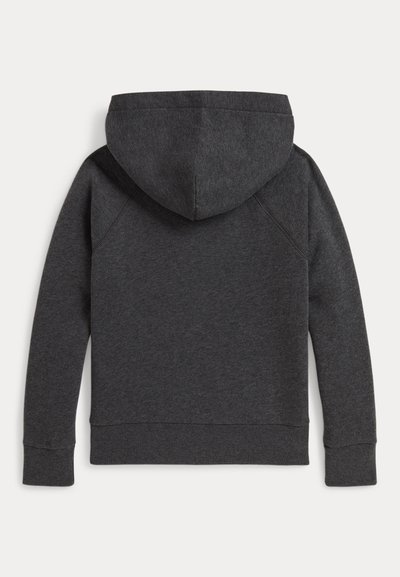 Hoodie cinza escuro com capuz, mangas longas, e punhos e bainha canelados. Feito de material suave com textura lisa. Vista traseira.