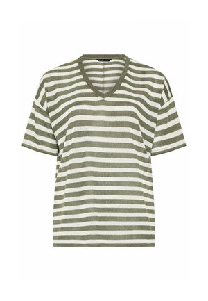 Kurzärmeliges V-Ausschnitt-T-Shirt mit horizontalen Streifen in Olivgrün und Weiß, aus strukturiertem Stoff gefertigt.