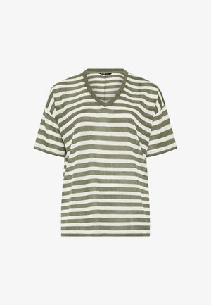 Kurzärmeliges V-Ausschnitt-T-Shirt mit horizontalen Streifen in Olivgrün und Weiß, aus strukturiertem Stoff gefertigt.