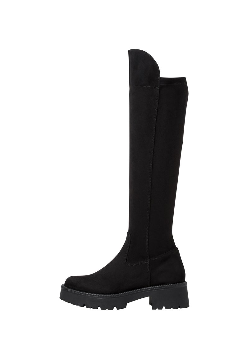 Black knee-high boots made of soft suede, featuring a thick rubber sole and a slight curve at the top for added design detail.