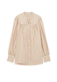 Chemisier rayé avec des motifs verticaux en rose doux et blanc, dotée d'un col rabattable, de manches longues et d'une fermeture à boutons sur le devant.