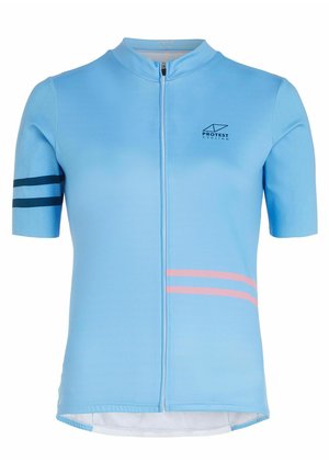 Korte mouwen fietsjersey van lichtblauwe stof met een ritssluiting aan de voorkant, blauwe en roze strepen op de mouwen en logo-detail op de borst.