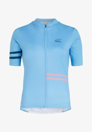 Korte mouwen fietsjersey van lichtblauwe stof met een ritssluiting aan de voorkant, blauwe en roze strepen op de mouwen en logo-detail op de borst.