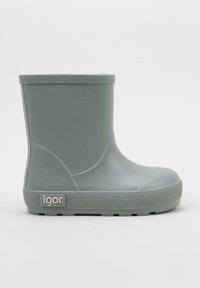 Bota de goma verde hasta el tobillo con punta redonda, suela texturizada y acento de logotipo. Superficie lisa con un diseño sin costuras y construcción resistente.