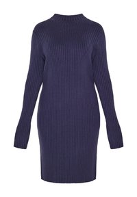 Geripptes Strickkleid in Dunkellila mit hohem Kragen und langen Ärmeln. Der Stoff ist weich und dehnbar, mit einer figurbetonten Silhouette.
