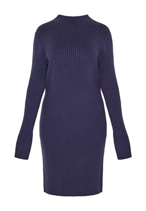 Rochie tricotată cu nervuri în mov închis, cu gât înalt și mâneci lungi. Textura este moale și elastică, având o siluetă slim-fit.