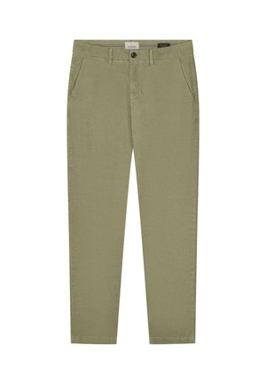 Olive zelené bavlnené nohavice so rovný strihom, dvomi prednými vreckami a jedným zadným vreckom, s gombíkovým zapínaním a pútkami na opasok.