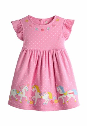 Rosa Baumwollkleid mit weißen Punkten, gerafften Ärmeln und bestickten Einhörnern sowie Blumen am Saum; verfügt über einen runden Ausschnitt.