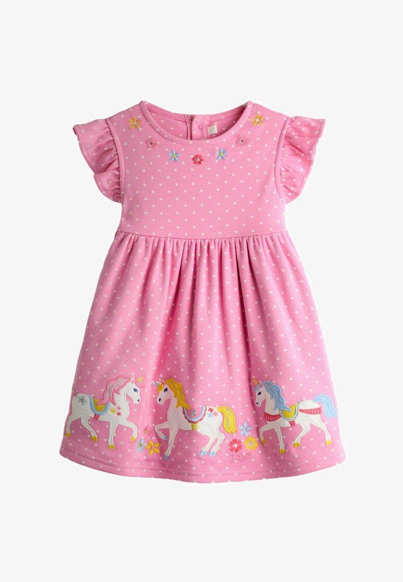 Vestido de algodón rosa con lunares blancos, mangas con volantes y unicornios y flores bordados en el dobladillo; cuenta con un cuello redondo.