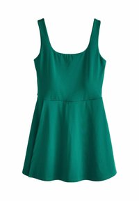 Groene mouwloze jurk met een ronde halslijn, een aansluitend bovenlijf en een uitlopende rok. Gemaakt van een gladde, lichte stof met een matte afwerking.