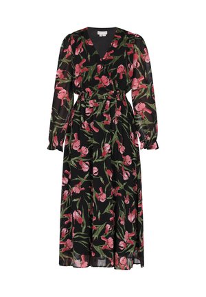 Cvečni obleko z zavitjem iz črne prosojne tkanine z rožnatimi in zelenimi vzorci. Ima dolge rokave in elastičen pas za udoben fit.