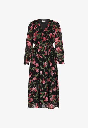 Kwiatowa sukienka wrap w czarnym przezroczystym materiale z różowymi i zielonymi wzorami. Posiada długie rękawy i elastyczny pas dla wygodnego dopasowania.
