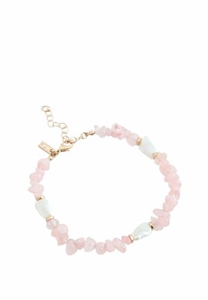 Rose quartz and pearl bracelet with gold accents; features pink, polished stones and smooth white pearls, connected by gold hardware.
