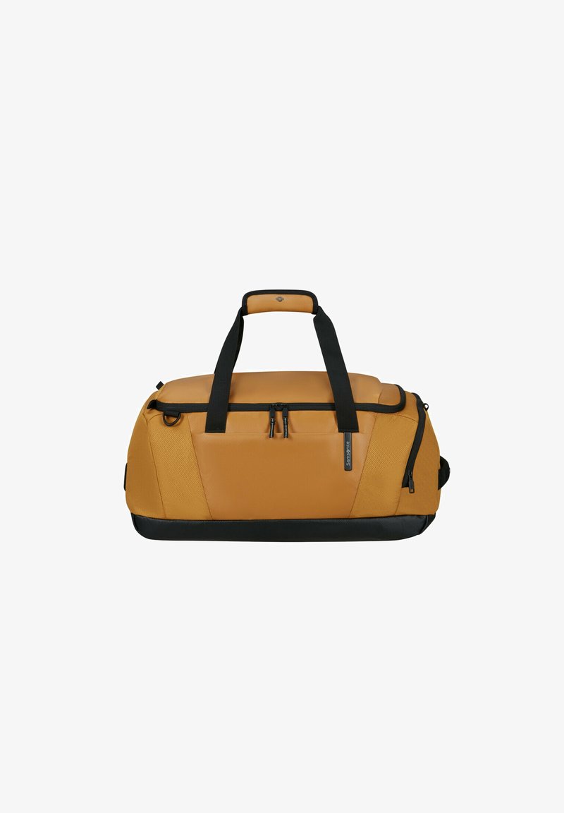 Yellow-orange duffel bag with black accents, textured body, dual zippered openings, and short black handles. Adjustable shoulder strap included.