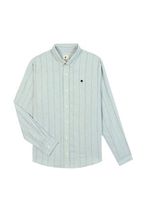 Light blue long-sleeve button-up shirt with thin vertical stripes and a small tree logo on the left chest.