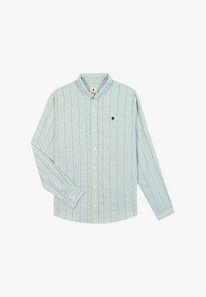 Light blue long-sleeve button-up shirt with thin vertical stripes and a small tree logo on the left chest.