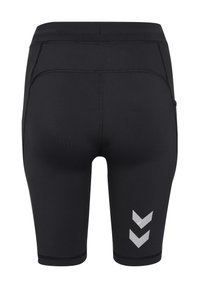 Sorte atletikshorts med tætsiddende pasform, lavet af elastisk materiale. Har et dekorativt gråt chevronmønster på venstre lår.