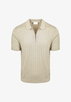 Beige fijngebreid poloshirt met korte mouwen, een ritskraag en een subtiel verticale geperforeerde streepjespatroon.