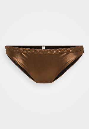 Brun bikiniunderdel med en glitrende finish og flettet midjebånd. Har en klassisk snitt og glatt tekstur, designet for komfort.