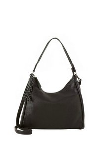 Crna kožna hobo torba sa struktuiranim oblikom, teksturiranom površinom i detaljem pletene naramenice. Ima jedan gornji ručak i zatvaranje na patentni zatvarač.