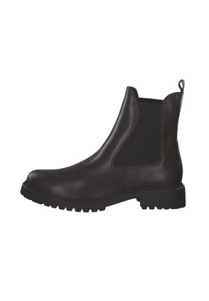 Bruna läder Chelsea-kängor med elastiska sidopaneler, strukturerad greppsål och dragtab. Har en elegant design och minimalistiska detaljer.