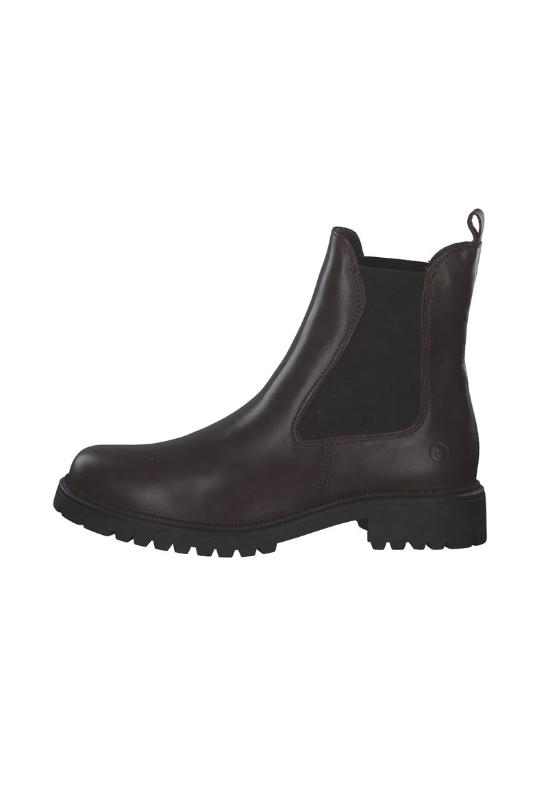 Bruine leren Chelsea-boot met elastische zijkanten, stevige gripzool en een trekhaak. Beschikt over een slank ontwerp en minimalistische accenten.