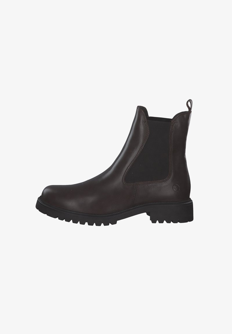 Bottine Chelsea en cuir marron avec panneaux latéraux en élastique, semelle texturée antidérapante et languette. Elle présente un design élégant et des accents minimalistes.