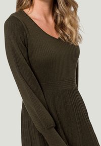 Robe côtelée de couleur vert olive foncé avec des manches longues et un décolleté en V. Tissu texturé avec un léger éclat et taille cintrée créant un évasement.