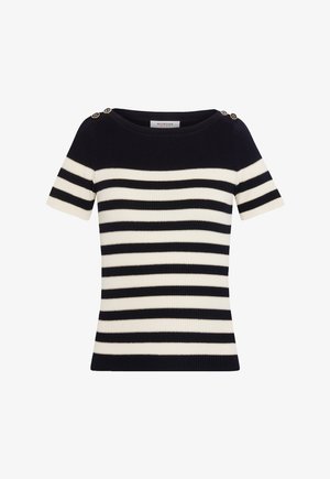 Schwarz-weiß gestreiftes Strickoberteil mit kurzen Ärmeln, Bootsausschnitt und dekorativen Knöpfen an den Schulternähten.