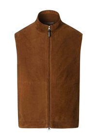 Braune Wildlederweste mit hohem Kragen, Frontreißverschluss und Seitentaschen. Glatte Textur und klares Design, geeignet zum Schichten.