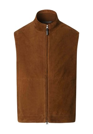 Bruine suède gilet met een hoge kraag, ritssluiting aan de voorkant en zijzakken. Gladde textuur en strak ontwerp, geschikt om over andere kleding te dragen.
