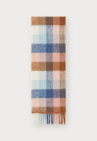 Karierter Schal in Blau-, Rosa-, Braun- und Cremetönen. Aus weichem Material mit Fransen an den Enden. Rechteckige Form.