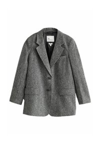 Blazer grigio a trama realizzato in tessuto intrecciato, con due tasche frontali, una tasca sul petto e due bottoni frontali.