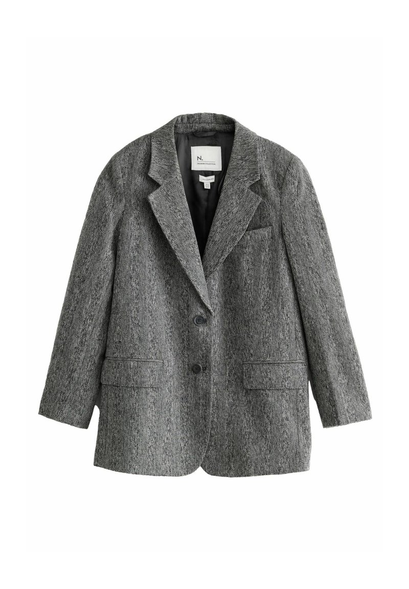 Blazer grigio a trama realizzato in tessuto intrecciato, con due tasche frontali, una tasca sul petto e due bottoni frontali.
