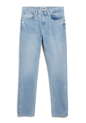 Jeans azzurri chiari in denim. Presentano un design a gamba dritta, cinque tasche, leggera scoloritura e dettagli cuciti lungo le cuciture.