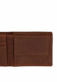 Portefeuille biface en cuir marron avec des emplacements pour cartes et une poche à pièces, comportant un petit logo embossé sur le panneau intérieur droit.