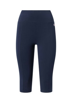 Marineblaue, hoch taillierte, gekürzte Leggings mit einem kleinen Logo auf der oberen linken Seite, entworfen für sportliche Aktivitäten.