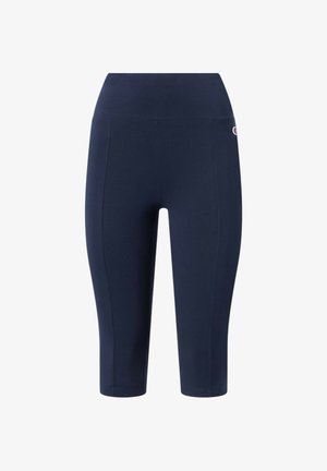 Marineblaue, hoch taillierte, gekürzte Leggings mit einem kleinen Logo auf der oberen linken Seite, entworfen für sportliche Aktivitäten.